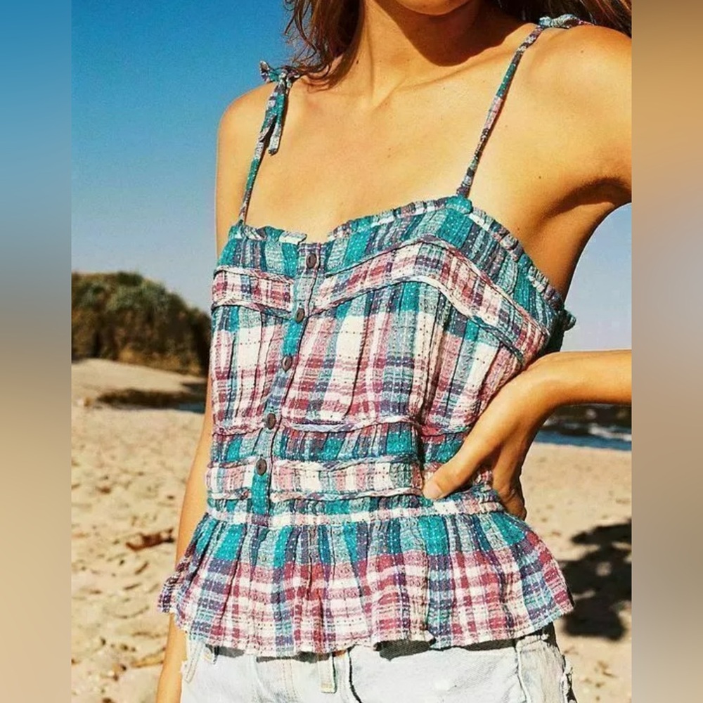 Free People Plaid Buttoned, Ruffled & Smocked Crop With Tie Straps Size S. NWT.